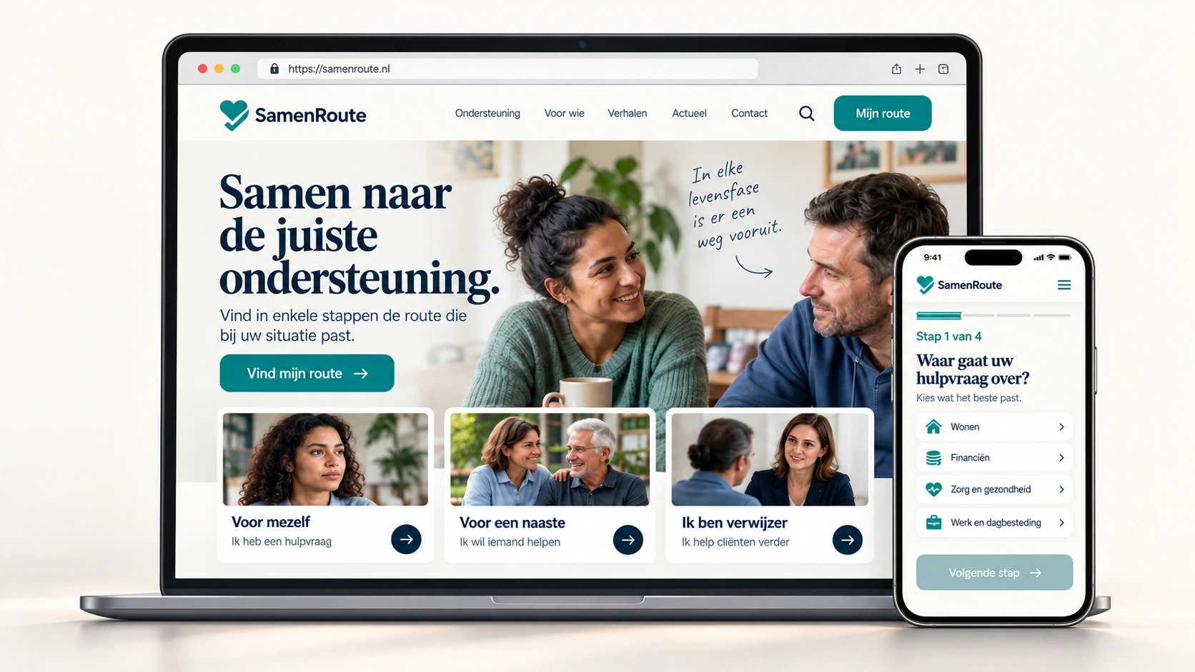 Ontwerprichting SamenRoute, zorg en sociaal domein: conceptbeeld met de hero, de doelgroepkaarten en de mobiele stappenroute.