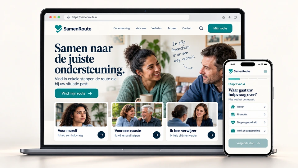 Ontwerprichting SamenRoute, zorg en sociaal domein: conceptbeeld met de hero, de doelgroepkaarten en de mobiele stappenroute.