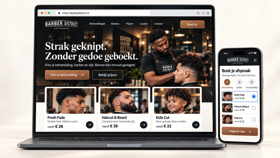 Ontwerprichting Barber District, barbershop: conceptbeeld met de hero, de behandelingen en de boeking in drie stappen.